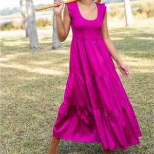 Natural Life Smocked Satin Flutter Sleeve Maxi Dress Tiered New